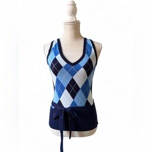 Blue argyle belted sweater vest